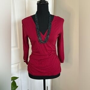 WHBM Red V Neck Top 3/4 Sleeves Ruched Waist XS Small Blouse